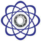 Logotipo azul de estilo atómico con una bola plateada en el centro.
