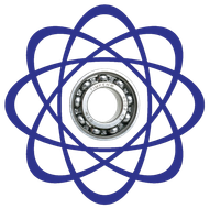 Logotipo azul de estilo atómico con una bola plateada en el centro.