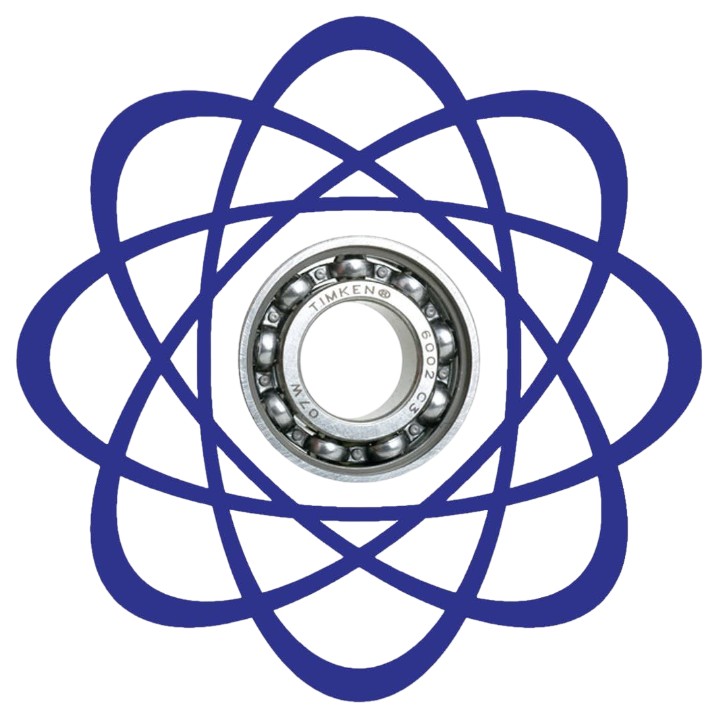 Logotipo azul de estilo atómico con una bola plateada en el centro.