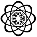 Símbolo de átomo negro con órbitas electrónicas superpuestas y un icono de núcleo central sobre un fondo blanco.