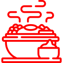 Steaming bowl of food with small side dish, both red outlines.