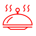 Red line drawing of a covered serving dish with steam rising.