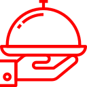 Red outline of a hand holding a covered serving dish.