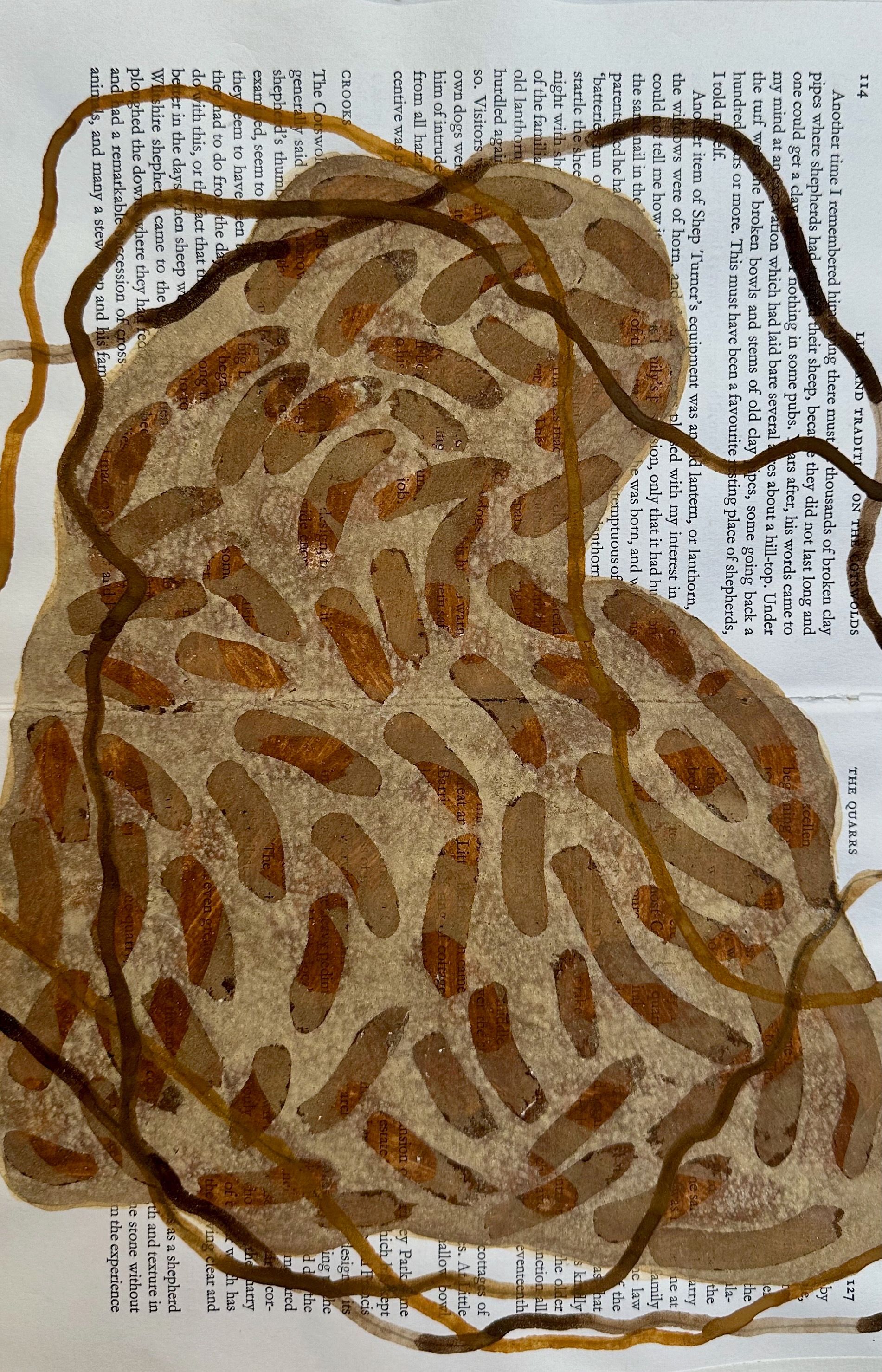 Abstract brown and tan pattern with dark outlines over a background of small text.