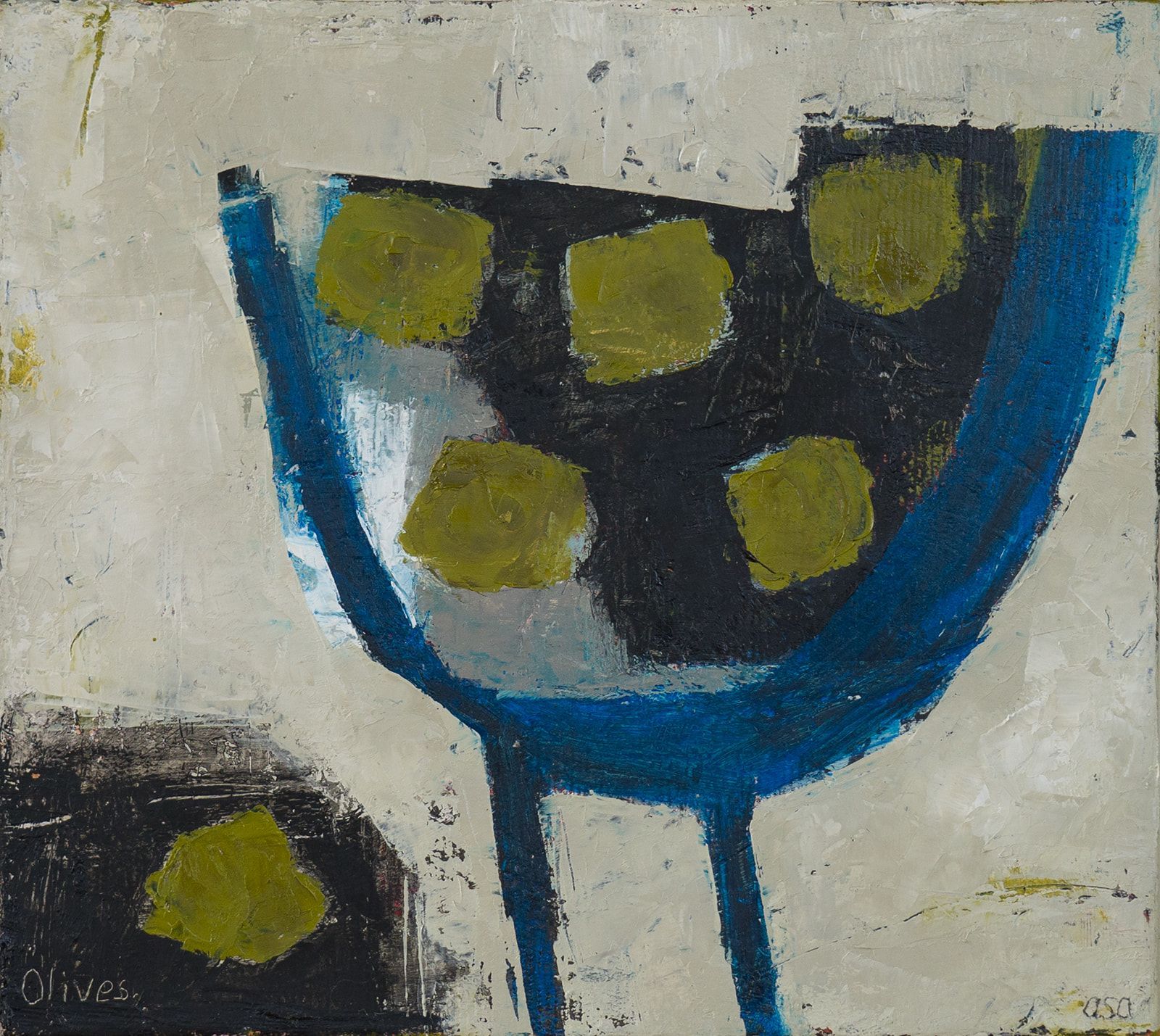 A painting of a blue bowl with yellow spots on it