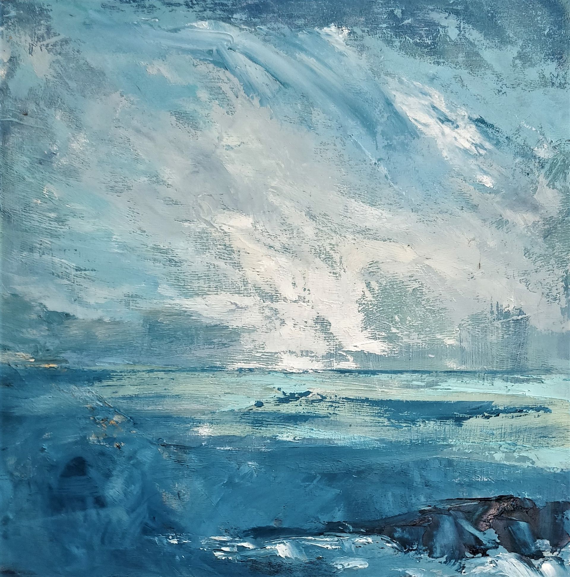 a painting of a cloudy sky over a body of water