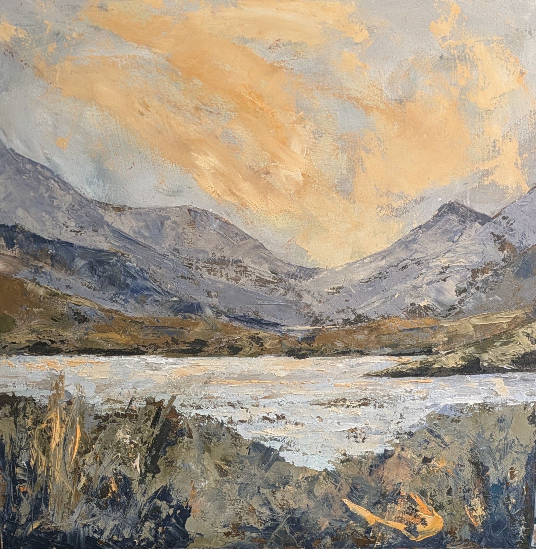 A painting of a lake with mountains in the background