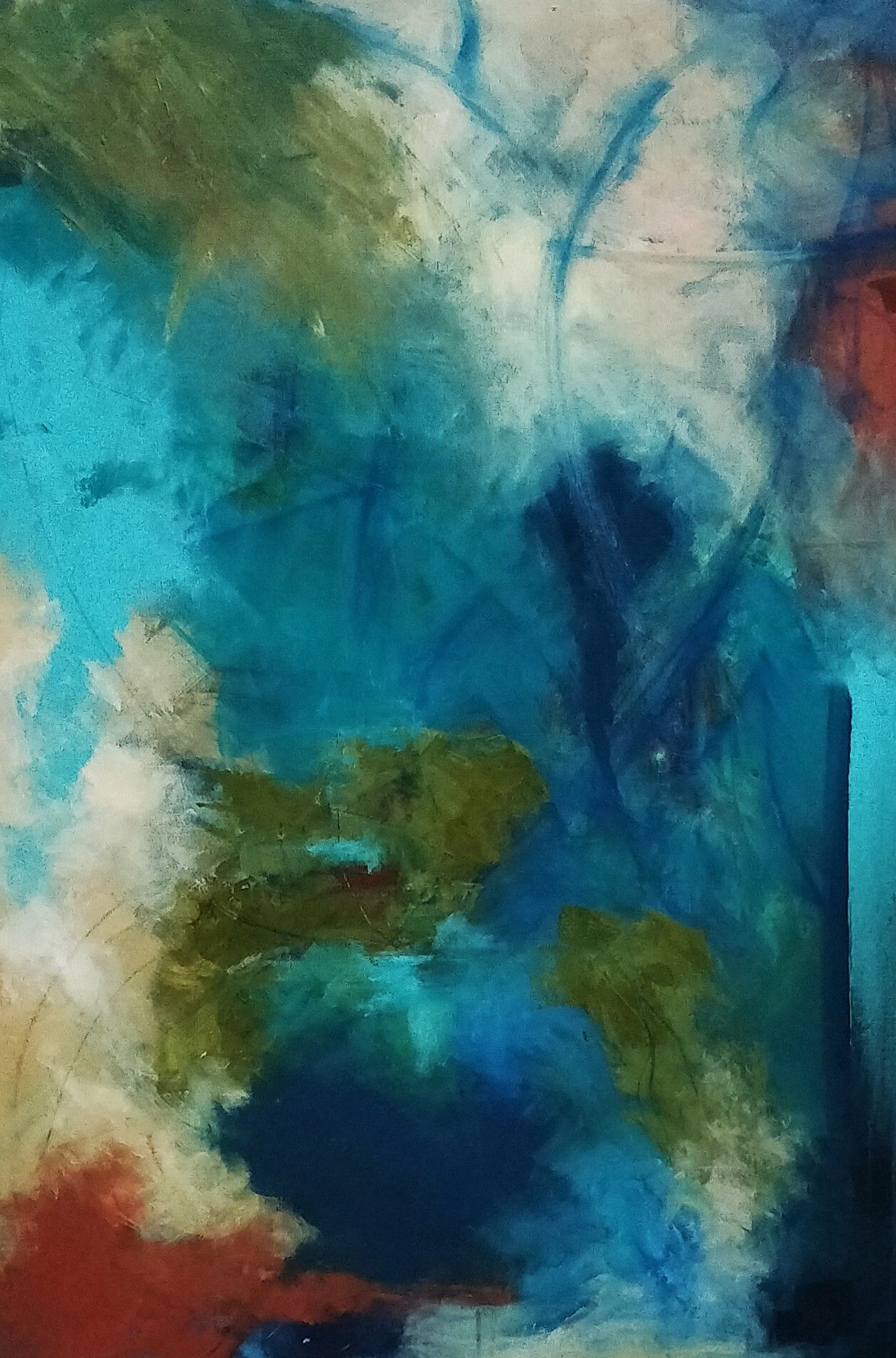 a close up of a painting with blue and red colors