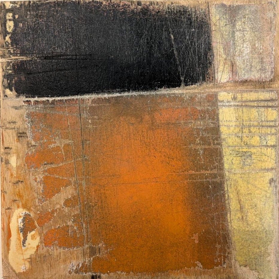 Orange Black Aerosol Paint, Emulsion, Acrylic and Grout on Plywood 25cm x 25cm SOLD
