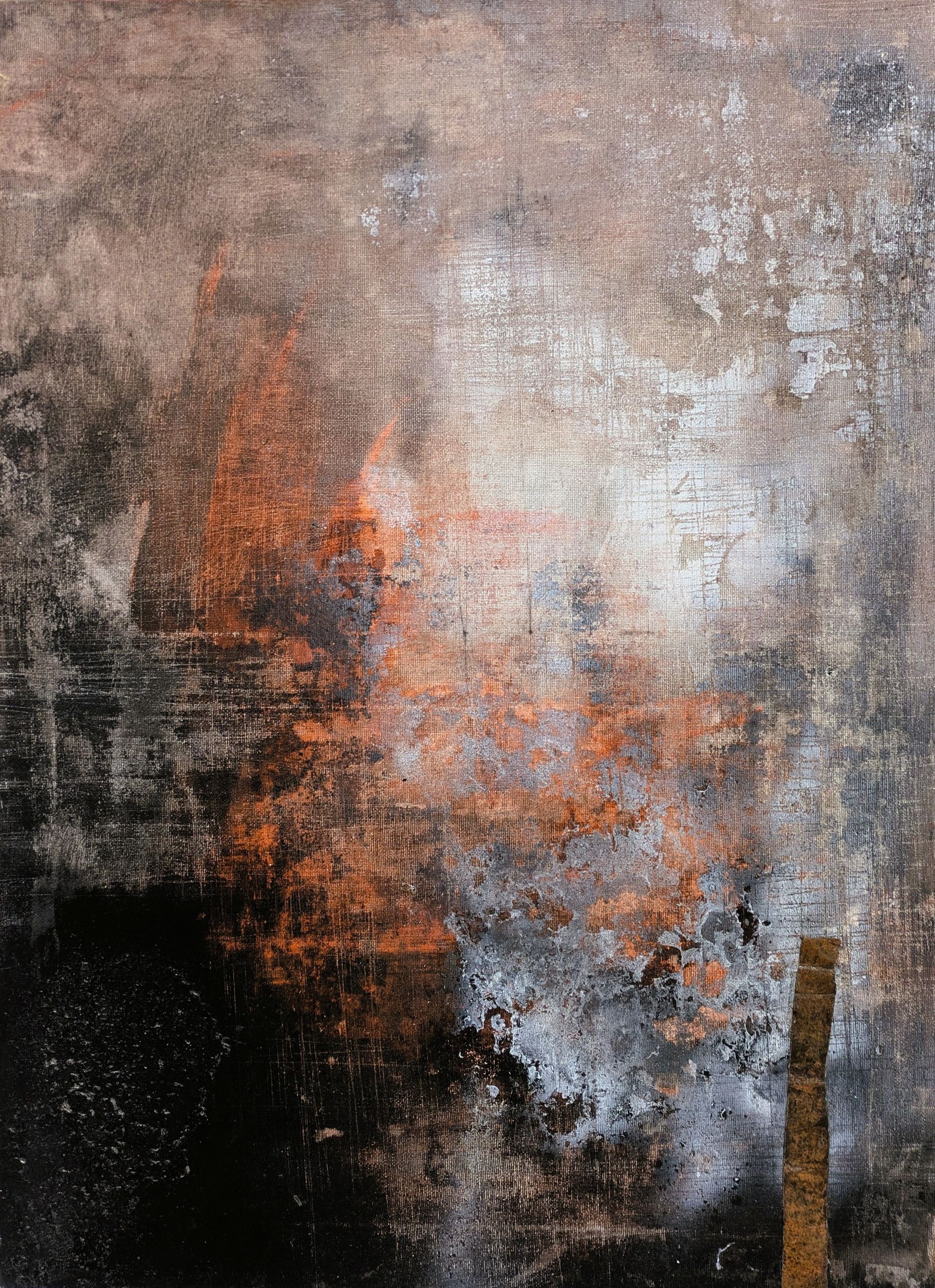Abstract gray, beige, and black textured painting with faded vertical brushstrokes and a dark figure-like shape on the right