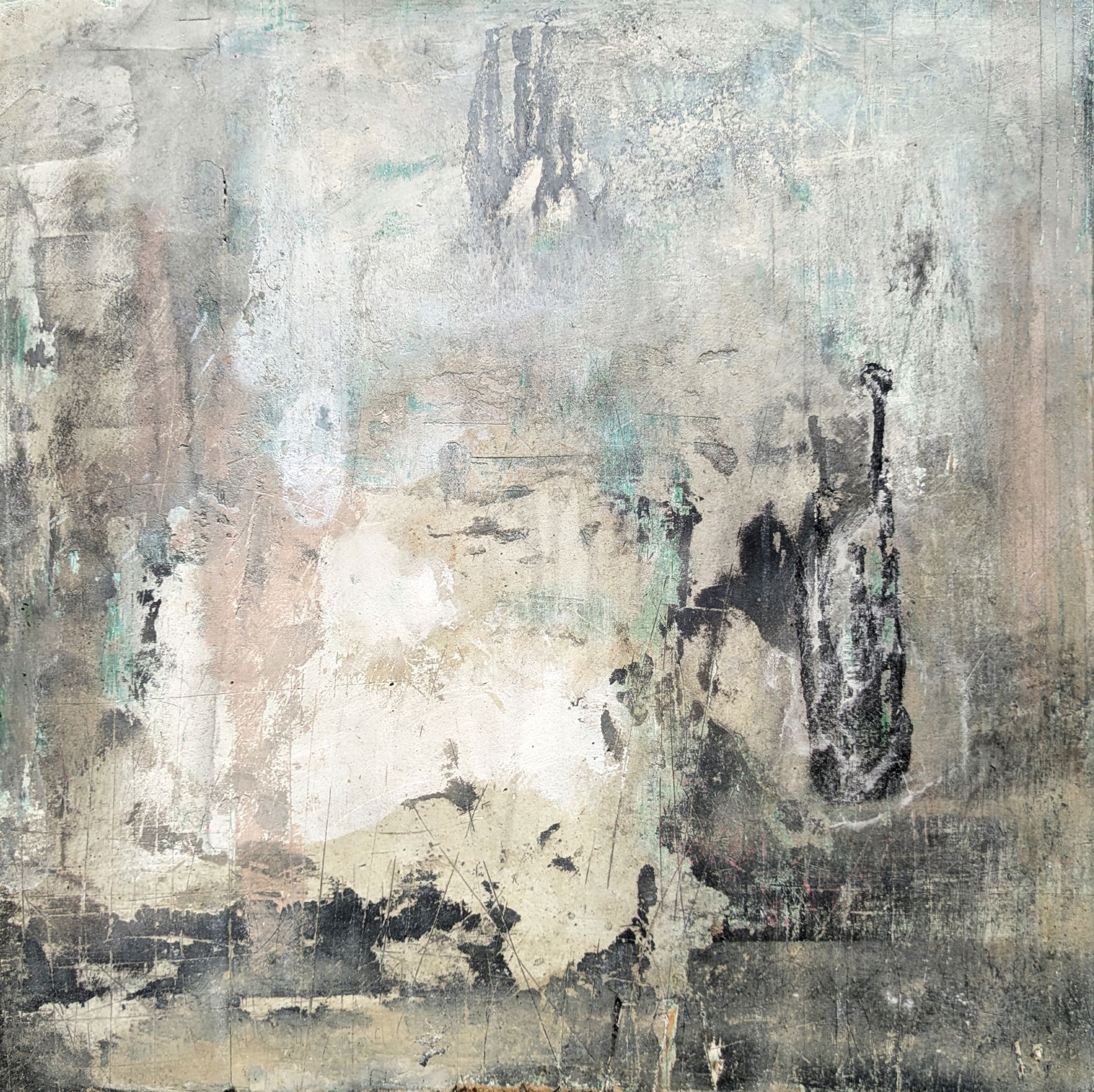 Abstract gray, beige, and black textured painting with faded vertical brushstrokes and a dark figure-like shape on the right
