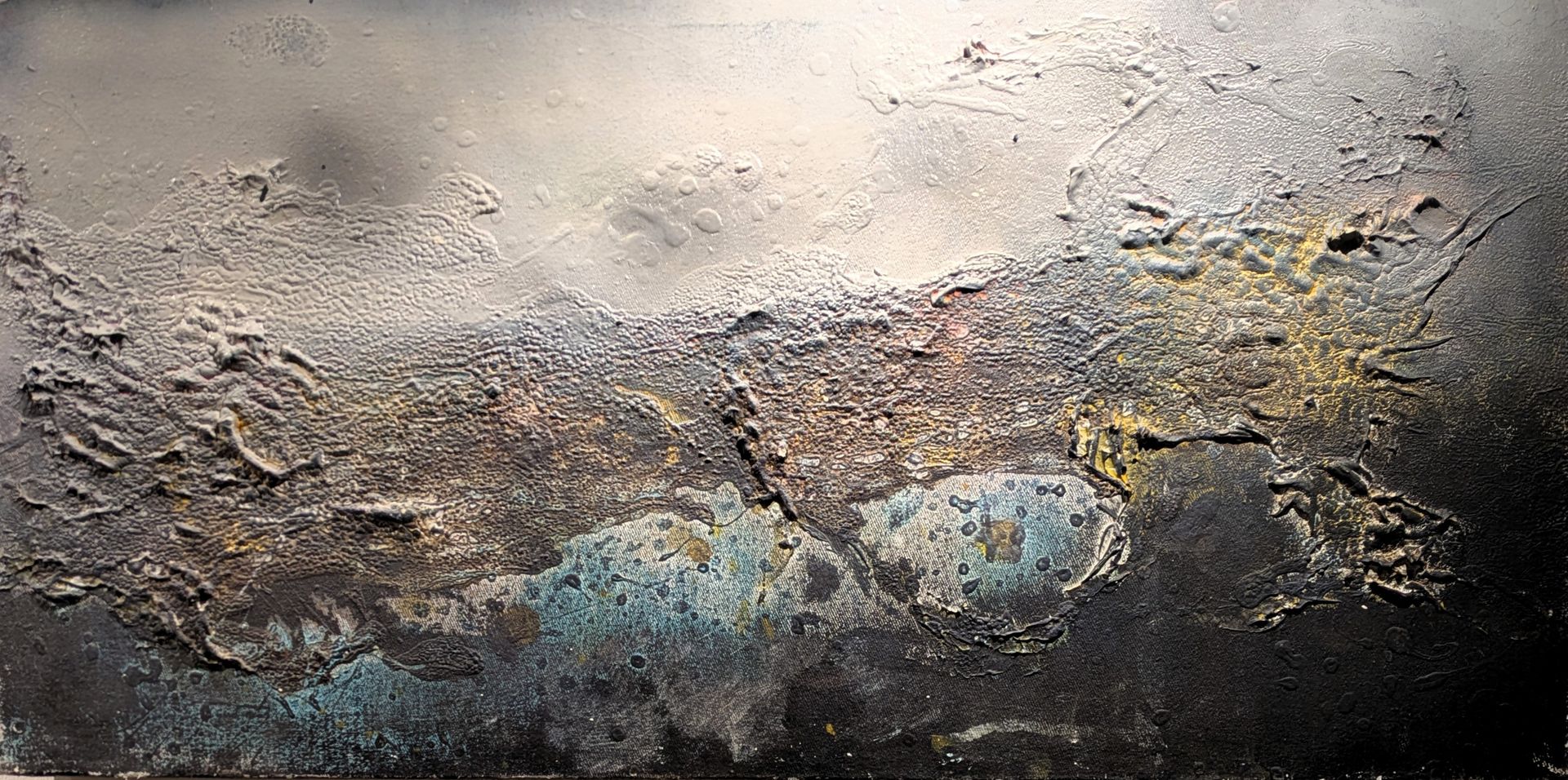 Probably a Lake  Aerosol Paint, Emulsion, Grout, Glue and Ink on Canvas 60cm x 30cm £490.