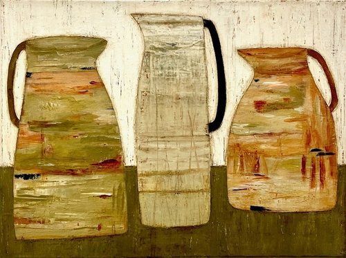 A painting of three vases on a green background