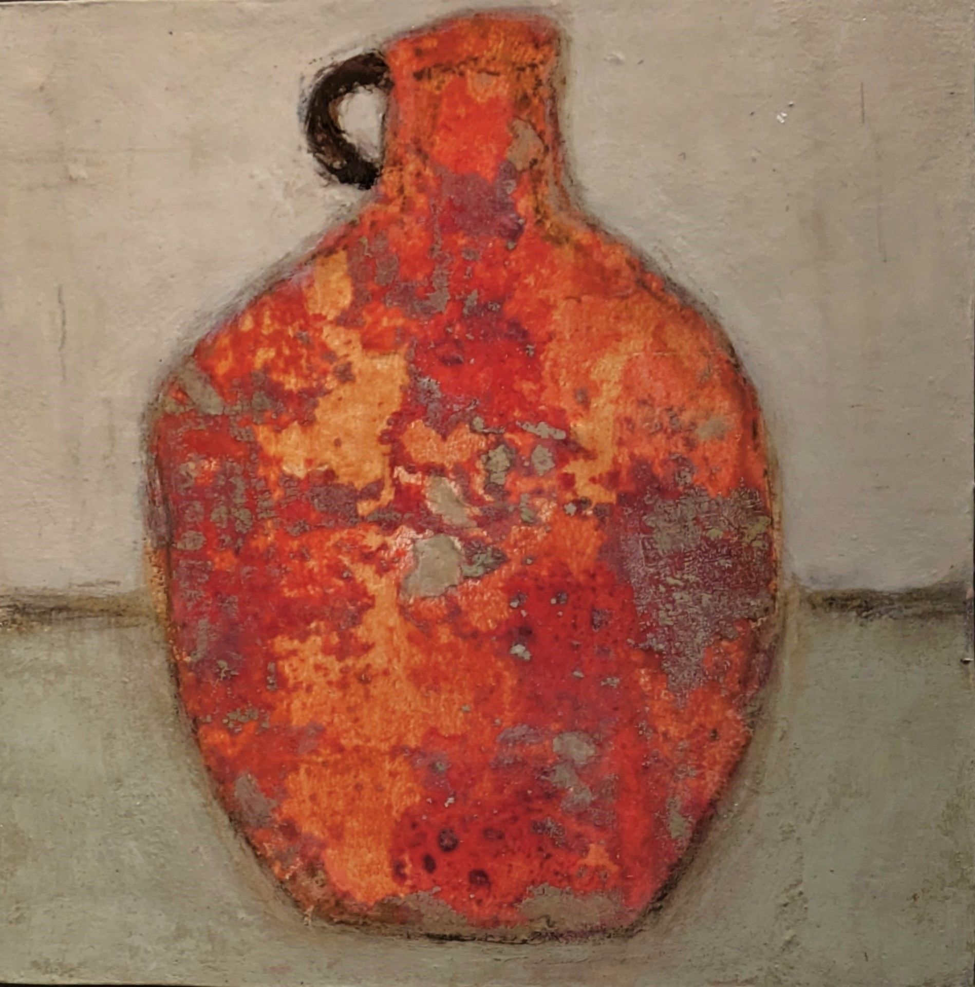 A painting of an orange vase with a black handle