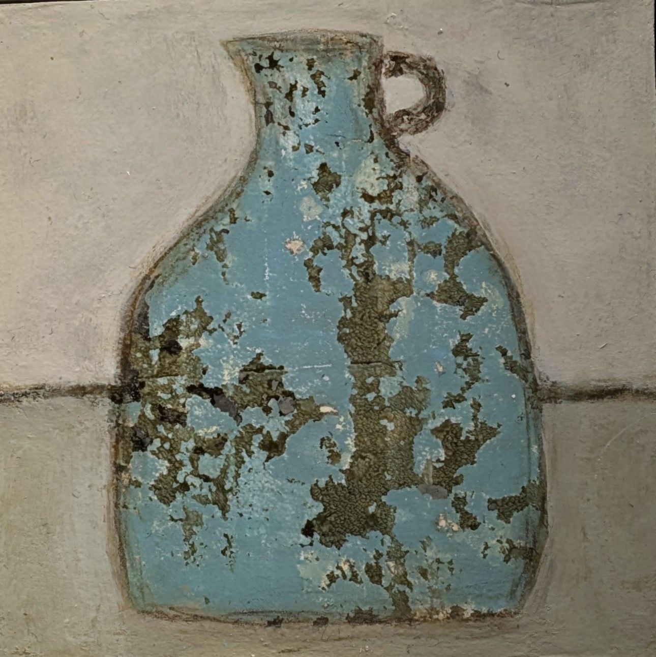 A painting of a blue bottle with a handle