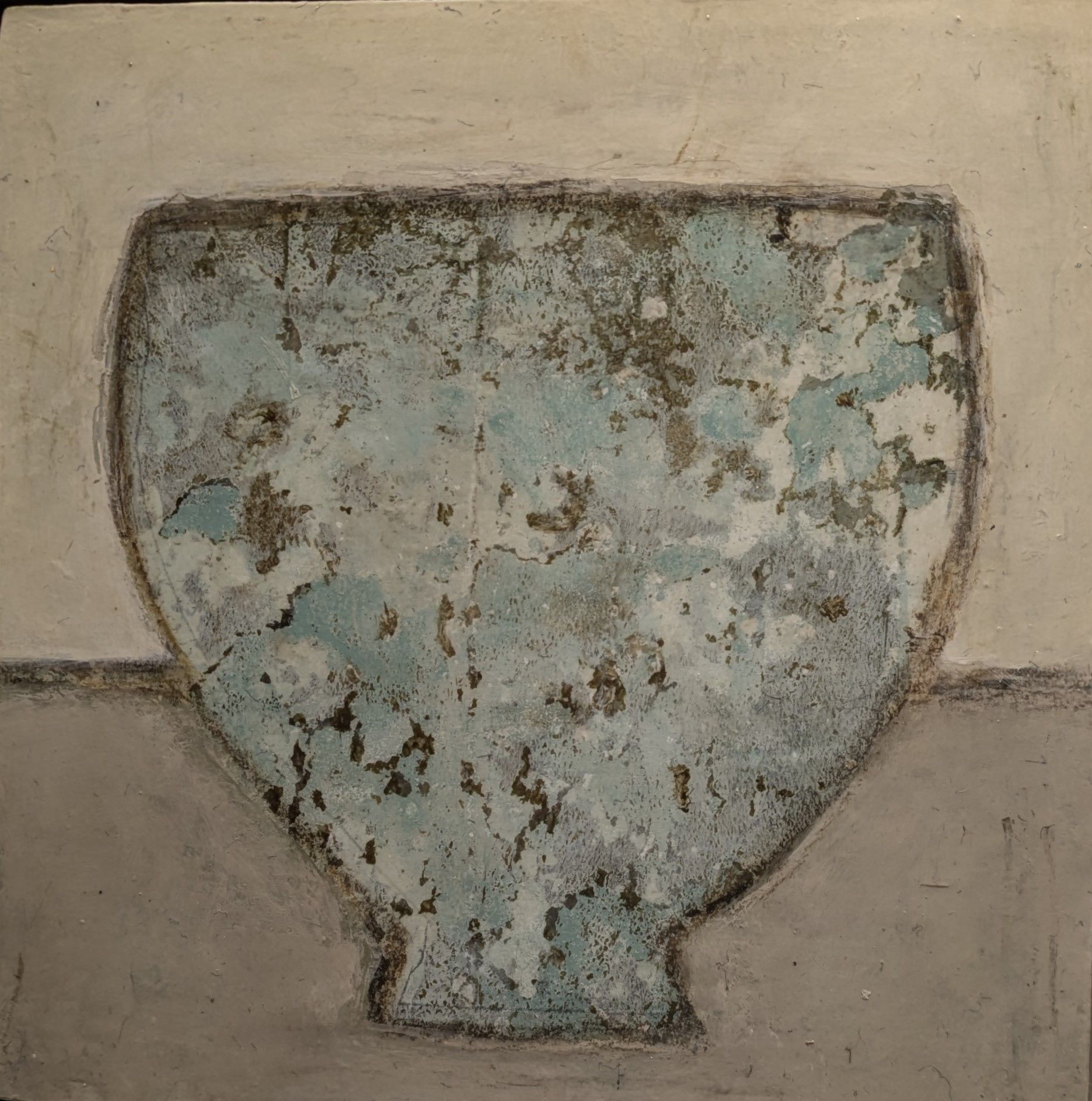 A painting of a blue and white bowl on a table