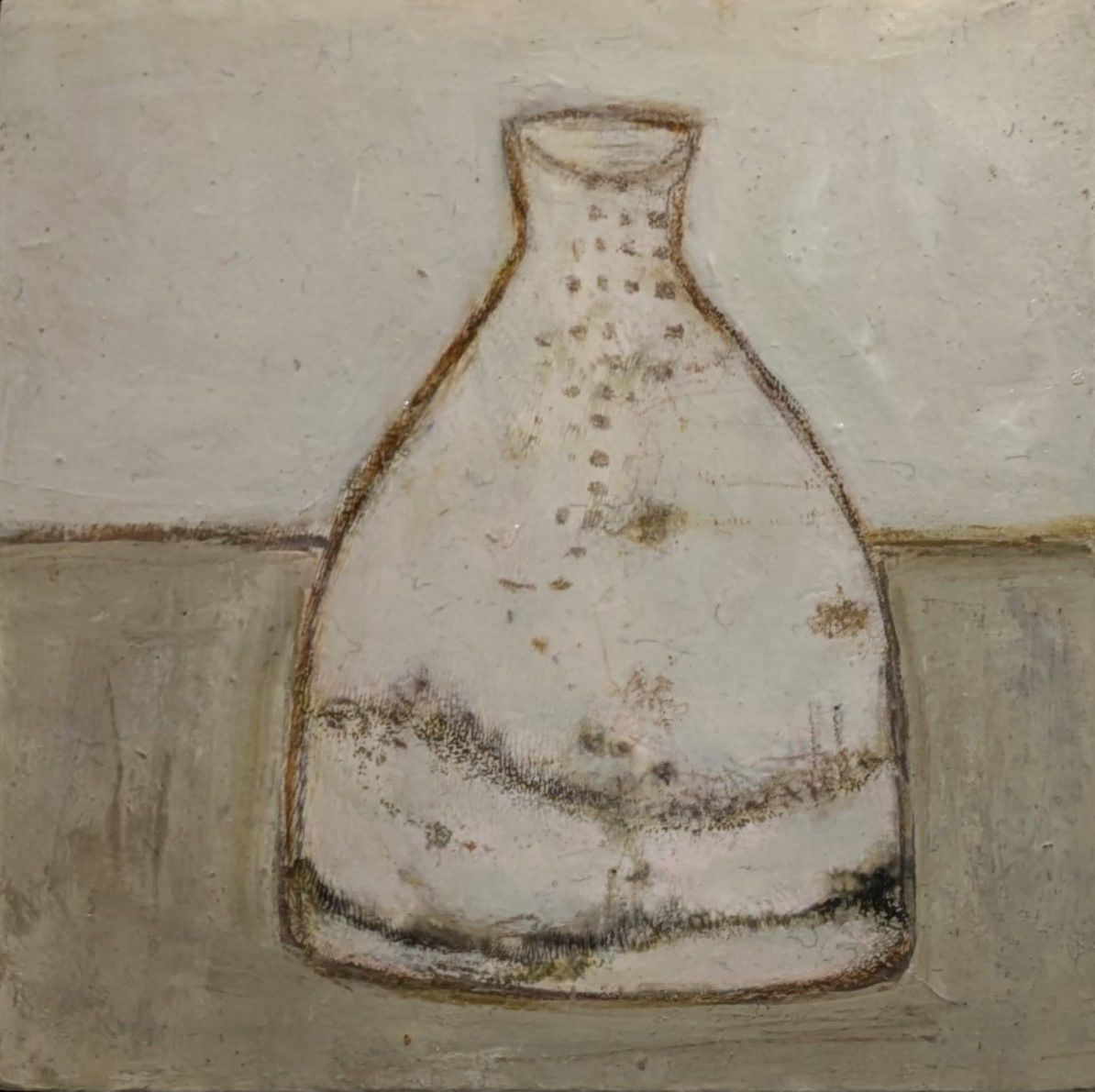 A painting of a white vase on a table.