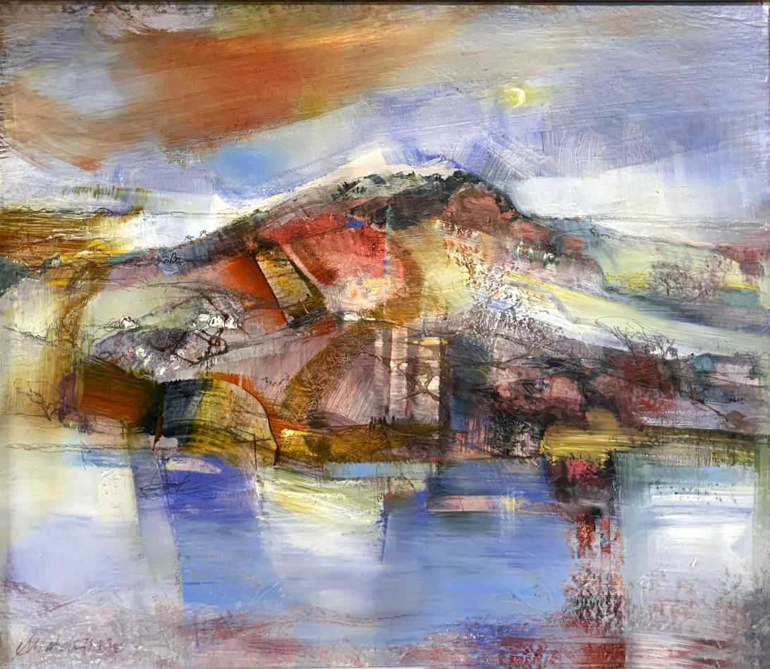 Abstract painting of a snowy mountain landscape with blue water, warm orange sky, and blurred buildings