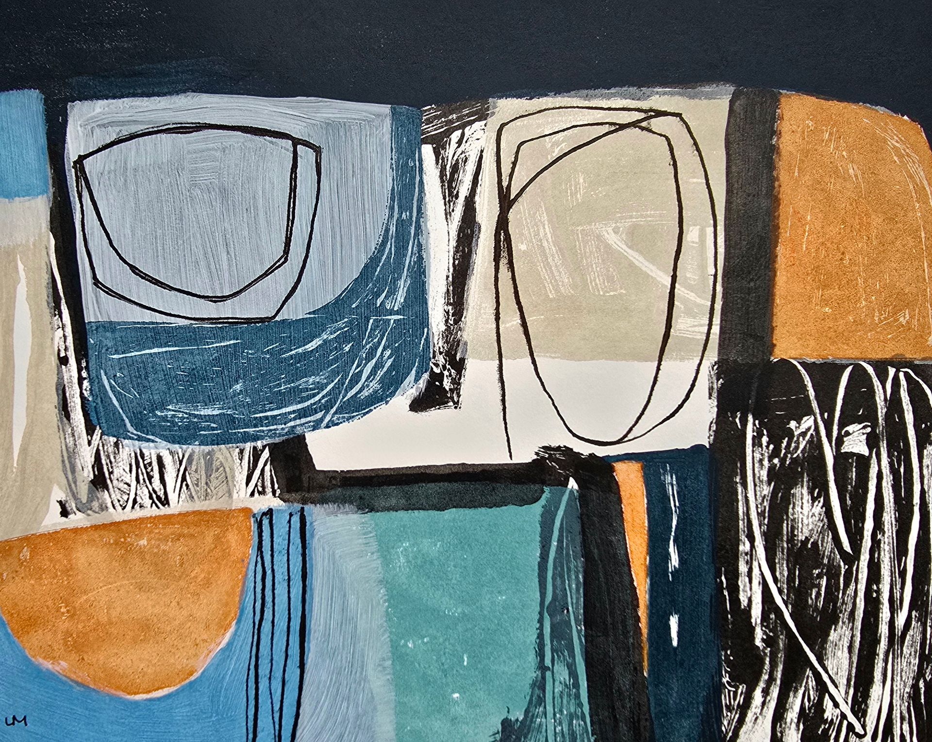 A painting of a face with the letters jm on the bottom