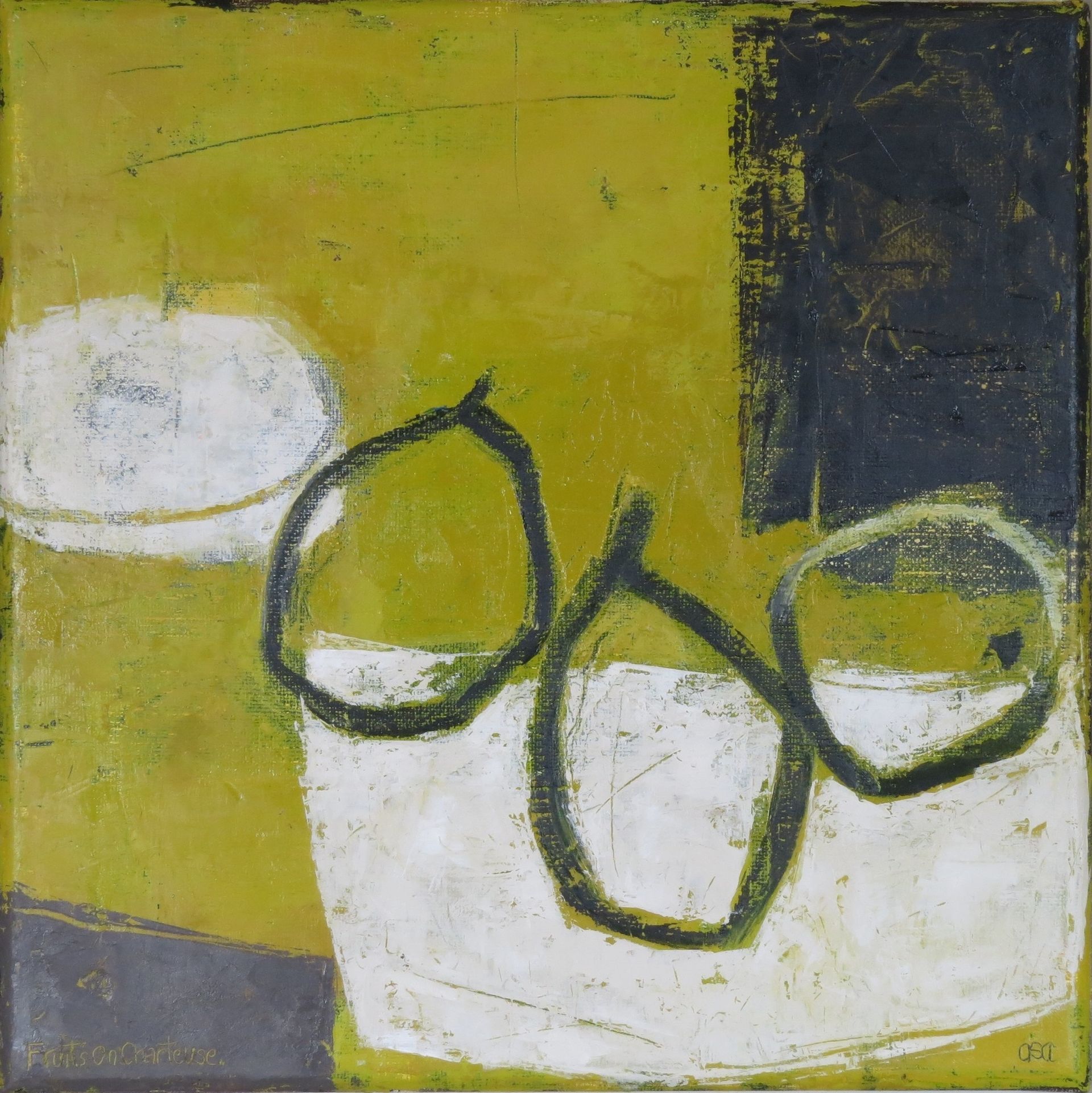 Abstract painting of eyeglasses on a yellow background with white and gray blocks