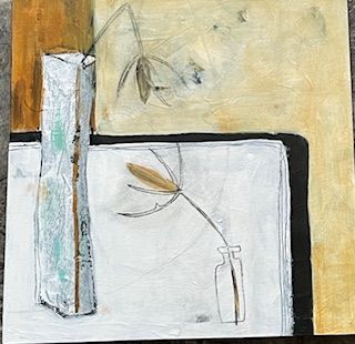 A painting of a flower in a vase on a table.
