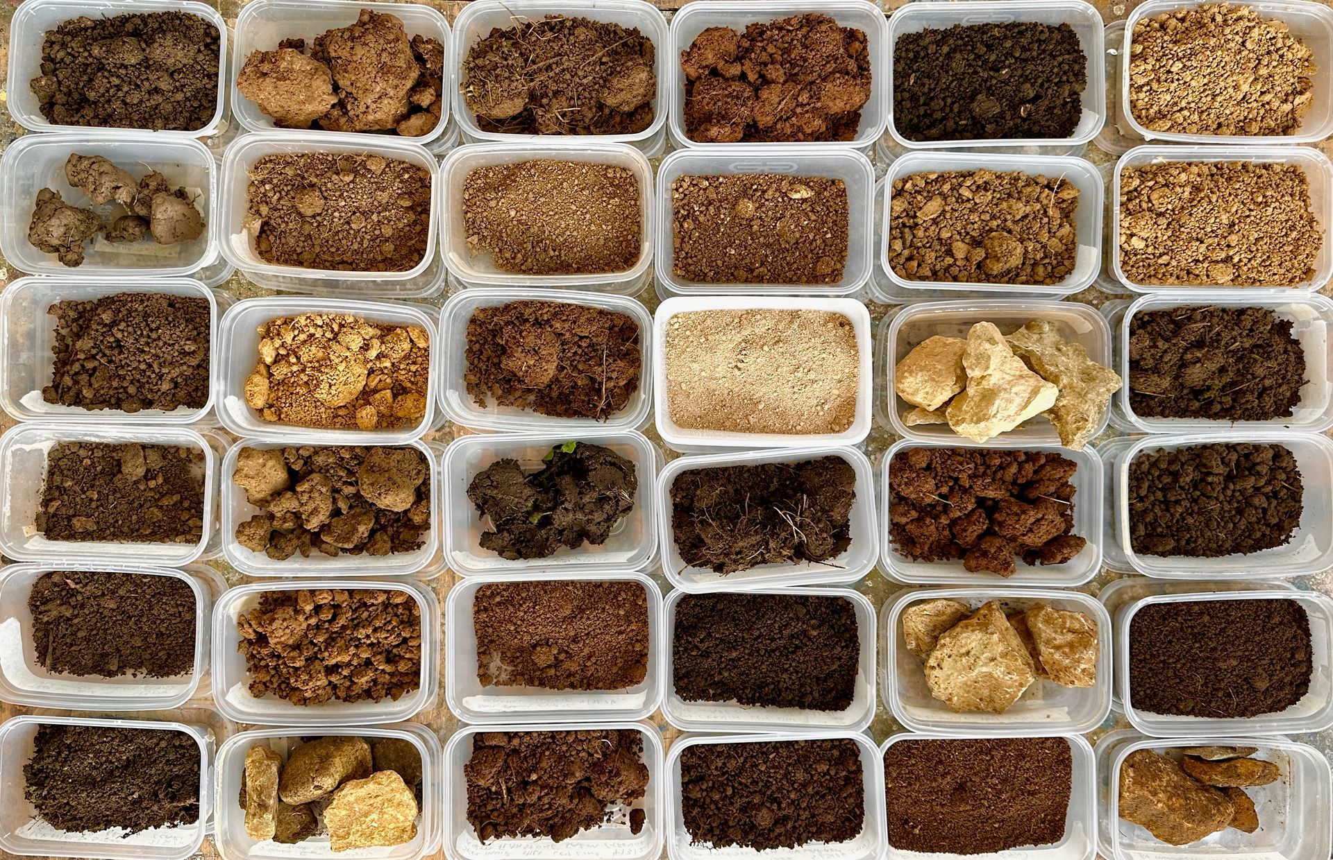 Assorted pigments in small square plastic containers arranged in a tray