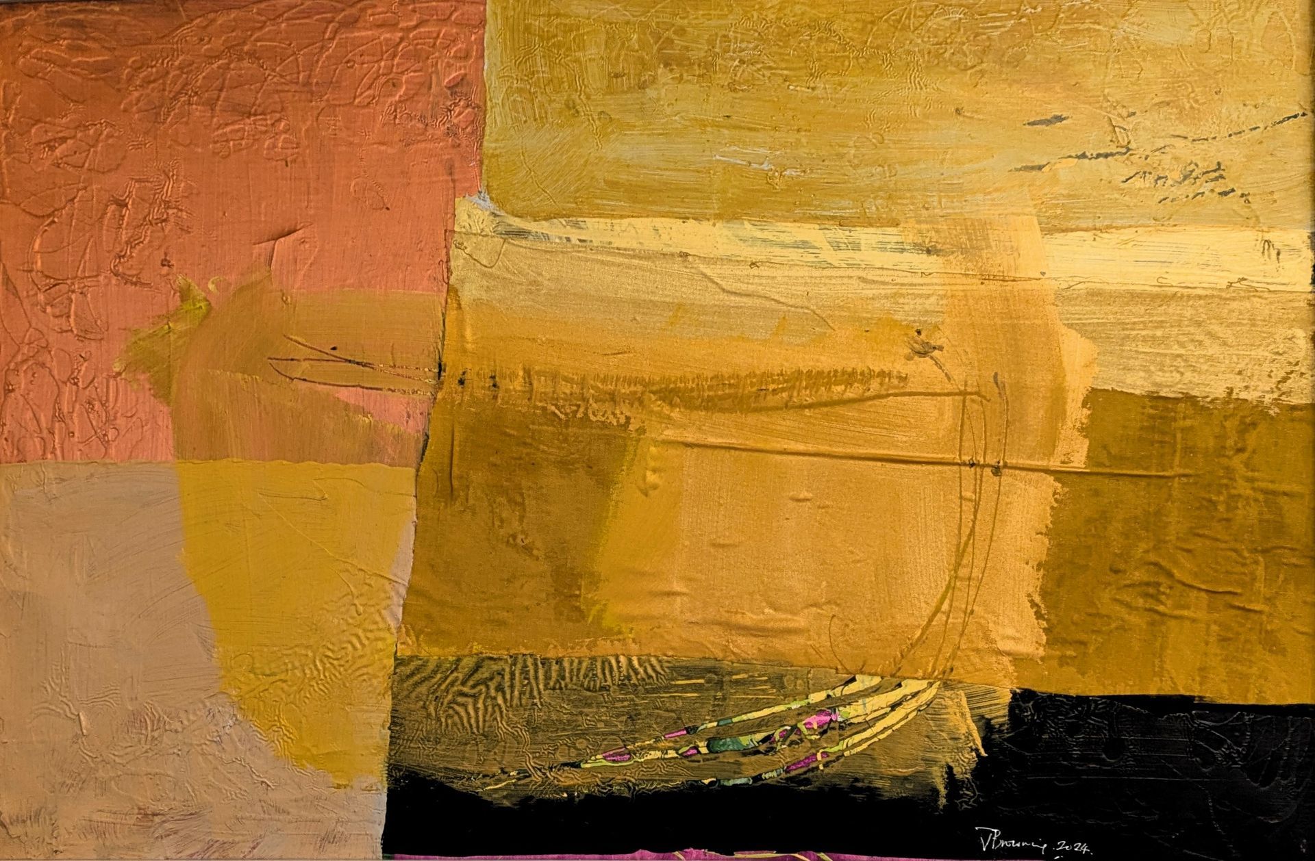A close up of a colorful painting on a wall.