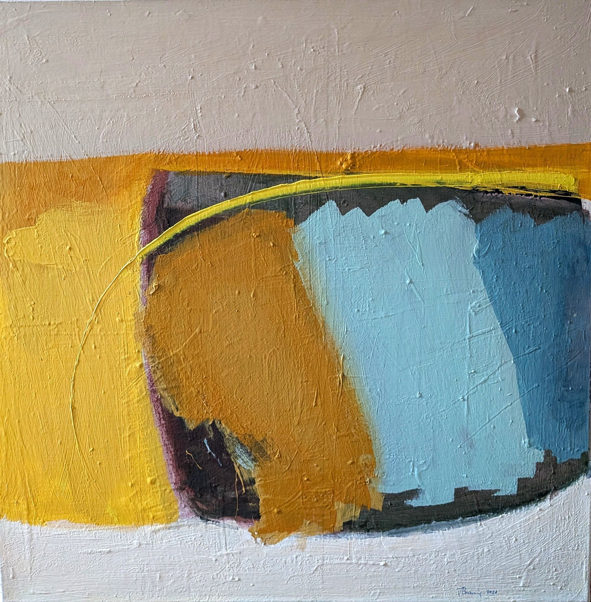Abstract painting with a yellow, blue, and orange oval shape on a white background