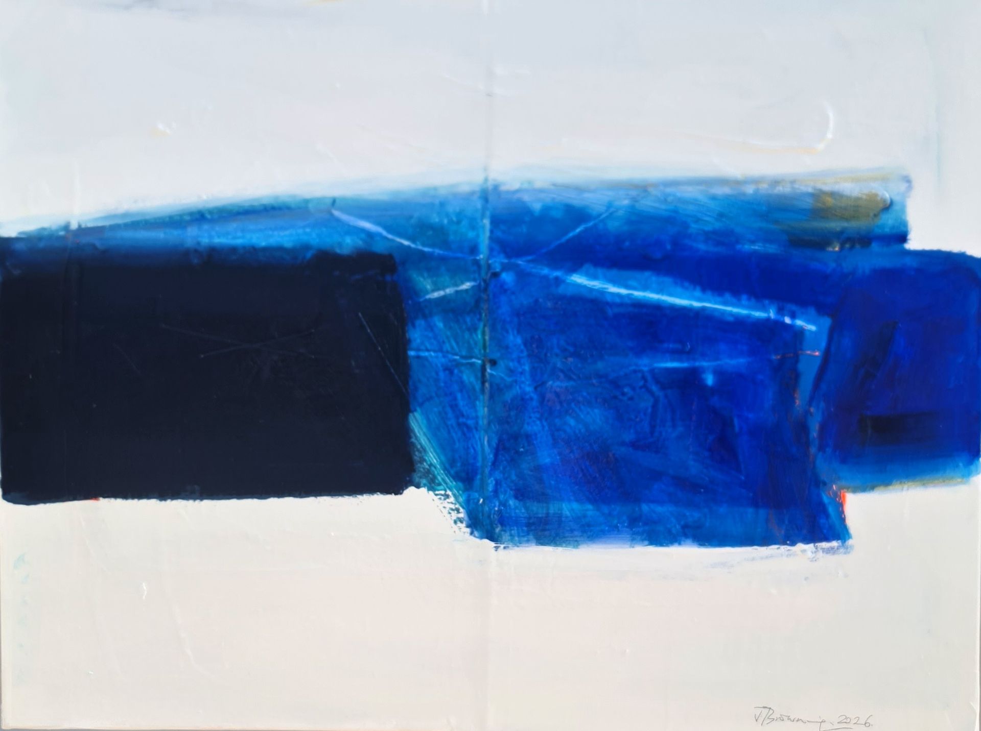 Abstract blue and navy brushstrokes on a white background