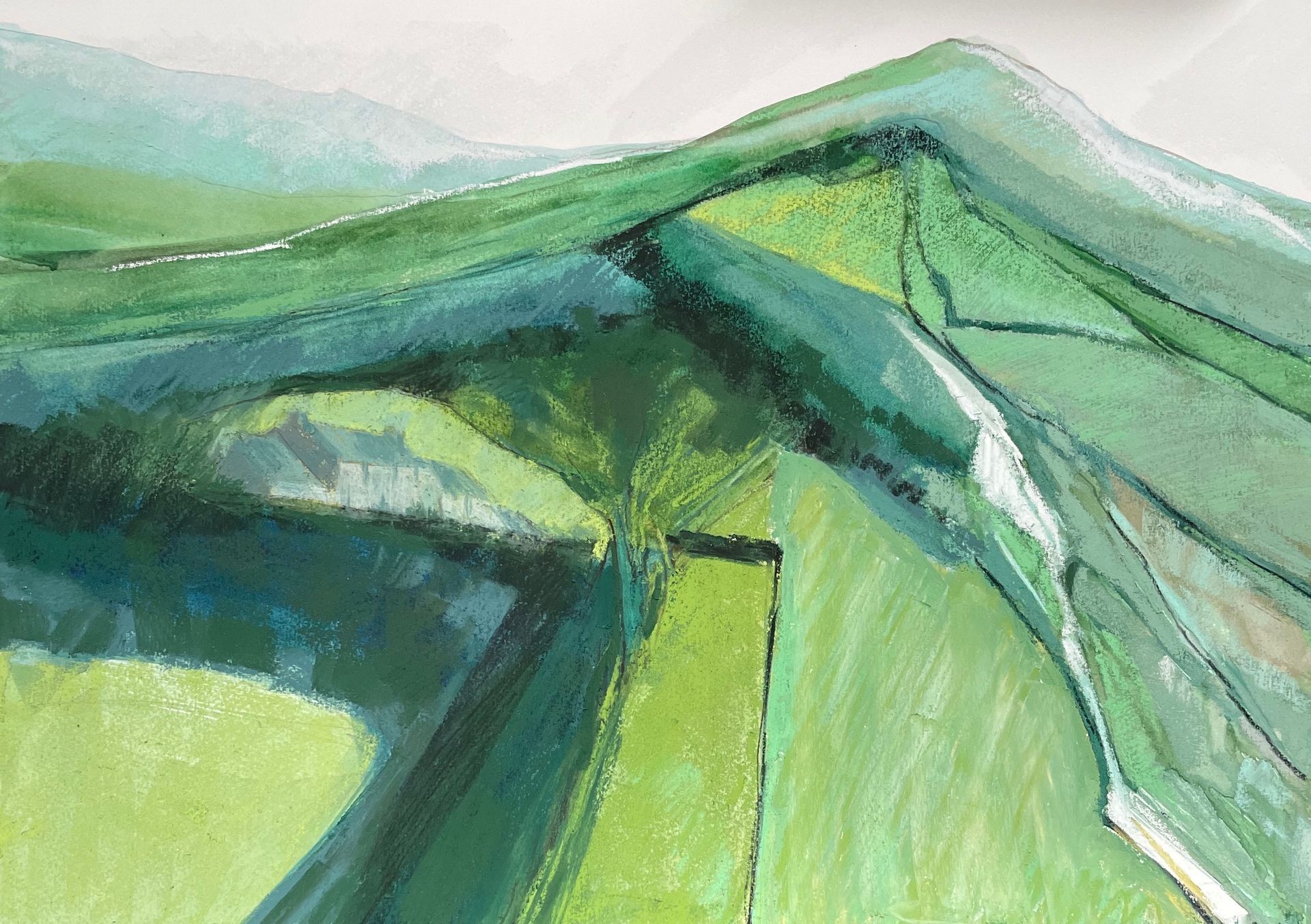 A painting of a green field with mountains in the background.