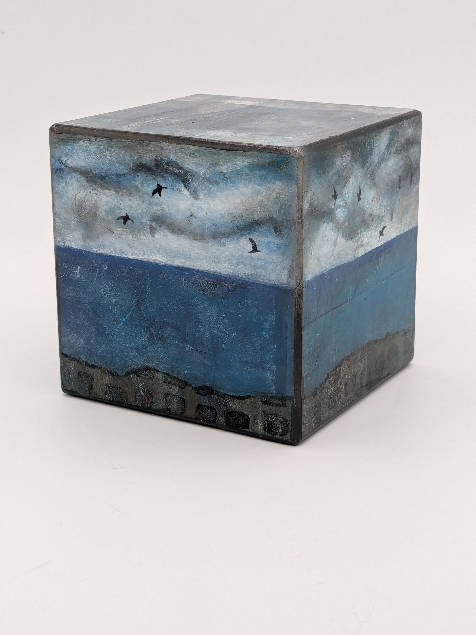 Sky, Sea, Land II  Monoprint Collage Wooden Panel Cubes 10cm  cubed £160
