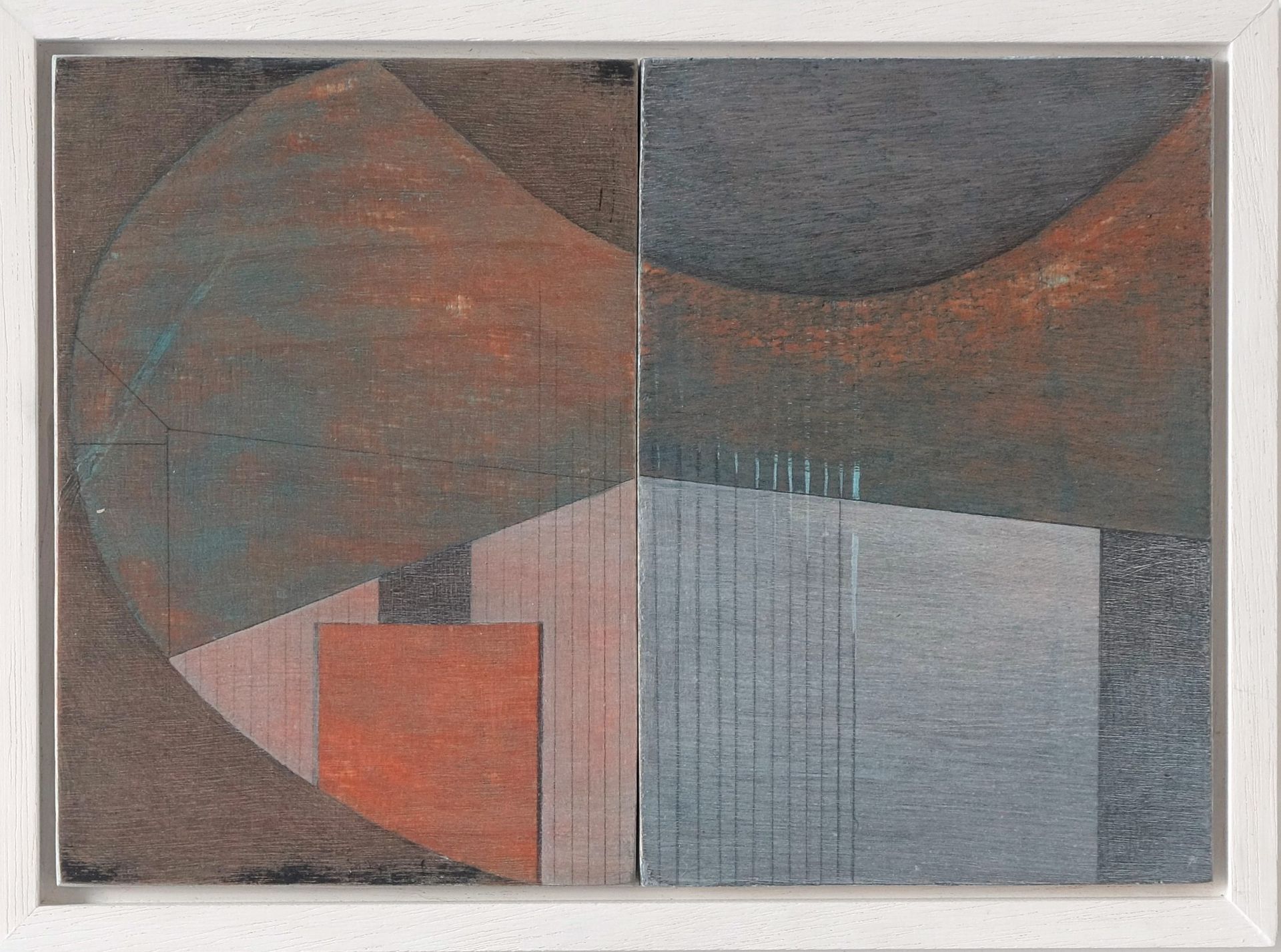An abstract painting divided into two panels featuring a dark curved arch over geometric, textured shapes in earth tones.