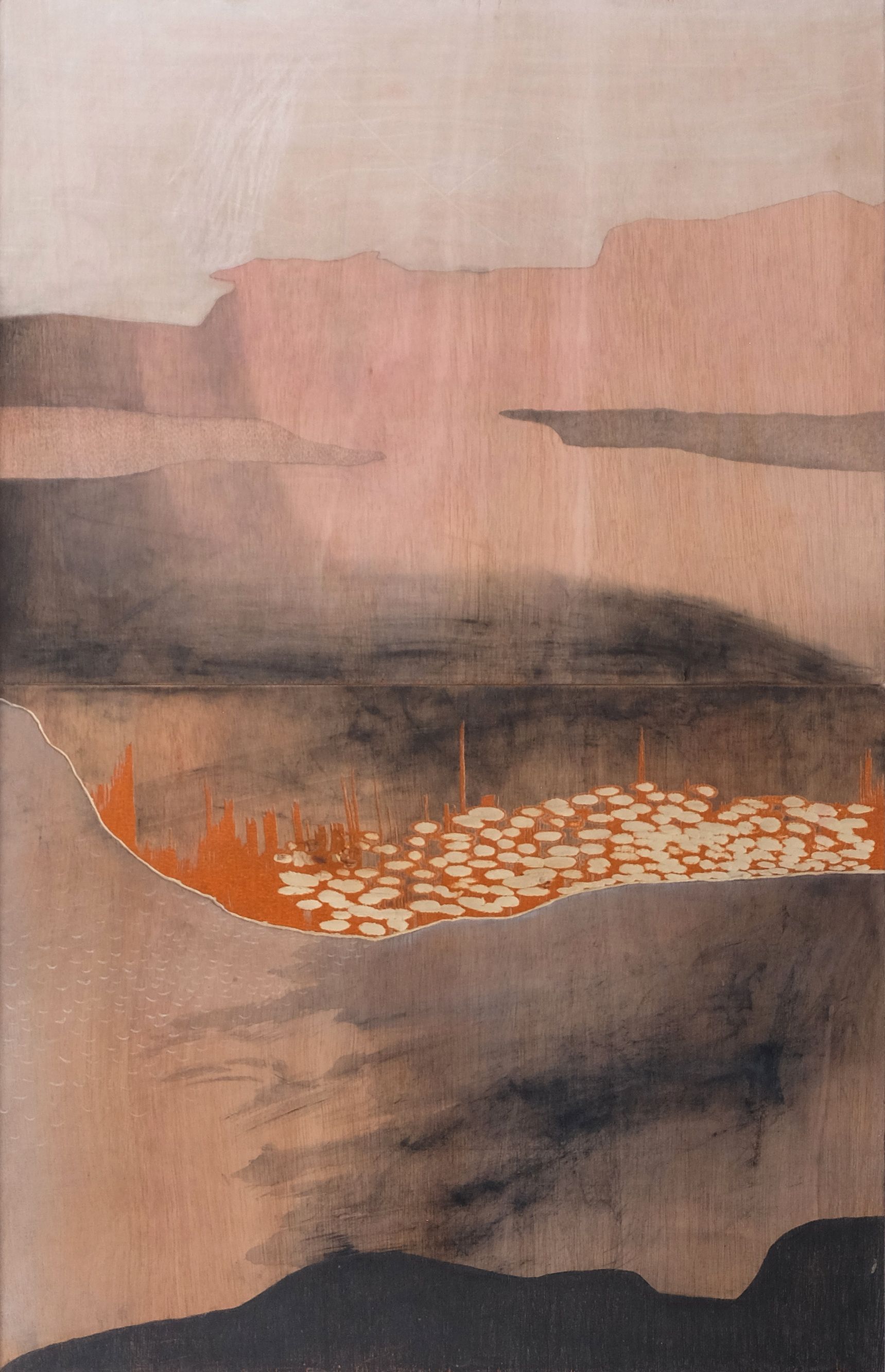 Abstract landscape in muted pink and brown with dark shadowy bands and an orange speckled streak