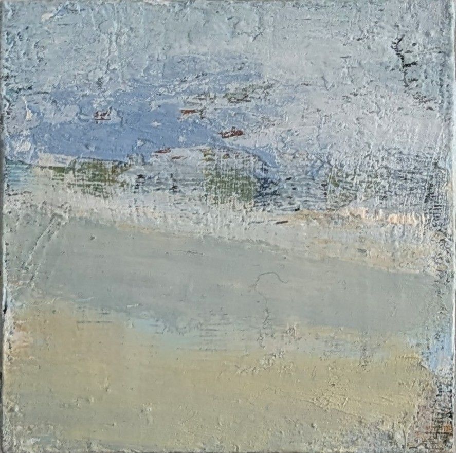 Abstract textured painting in muted blue, gray, and beige tones with soft horizontal brushstrokes
