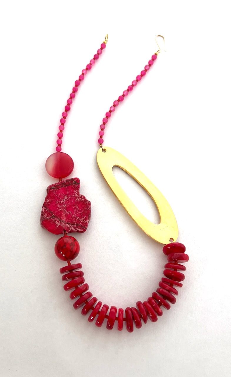 Red Jasper, Coral Jade, Gold Freeform Necklace £98