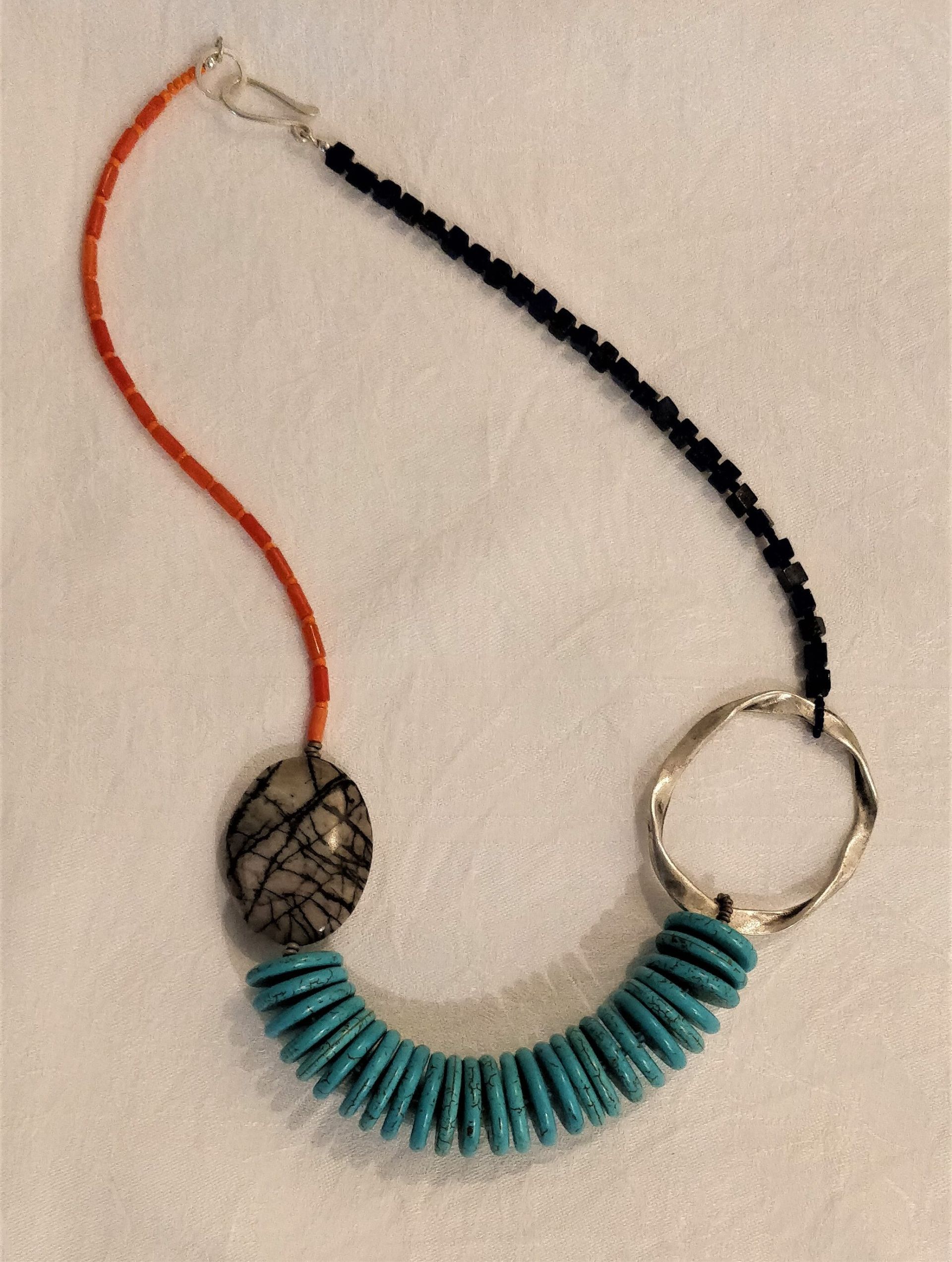 Turquoise Picasso, Jasper, Lapis, Coral Silver Meta Necklace, SOLD