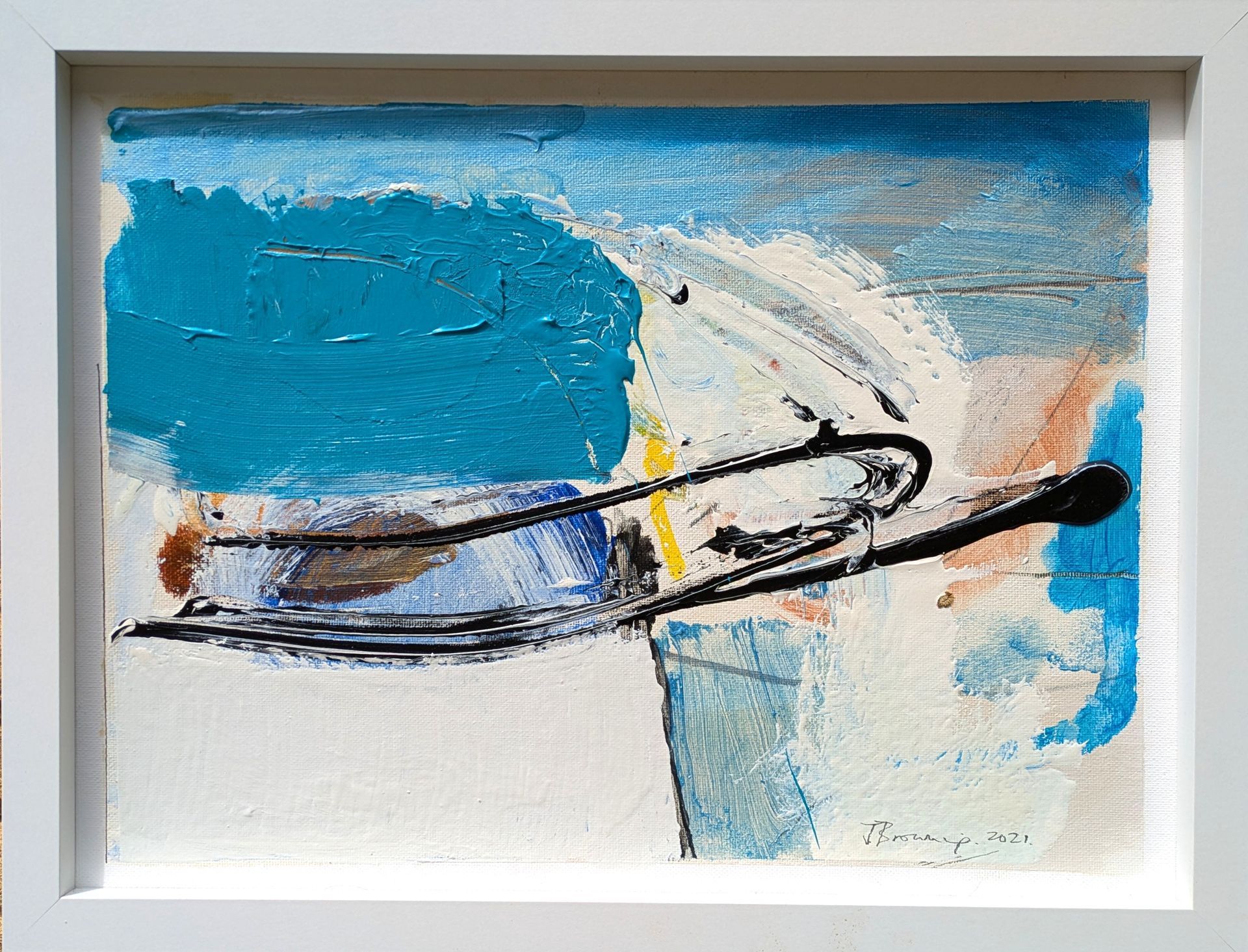 A painting in a white frame with a blue and white background
