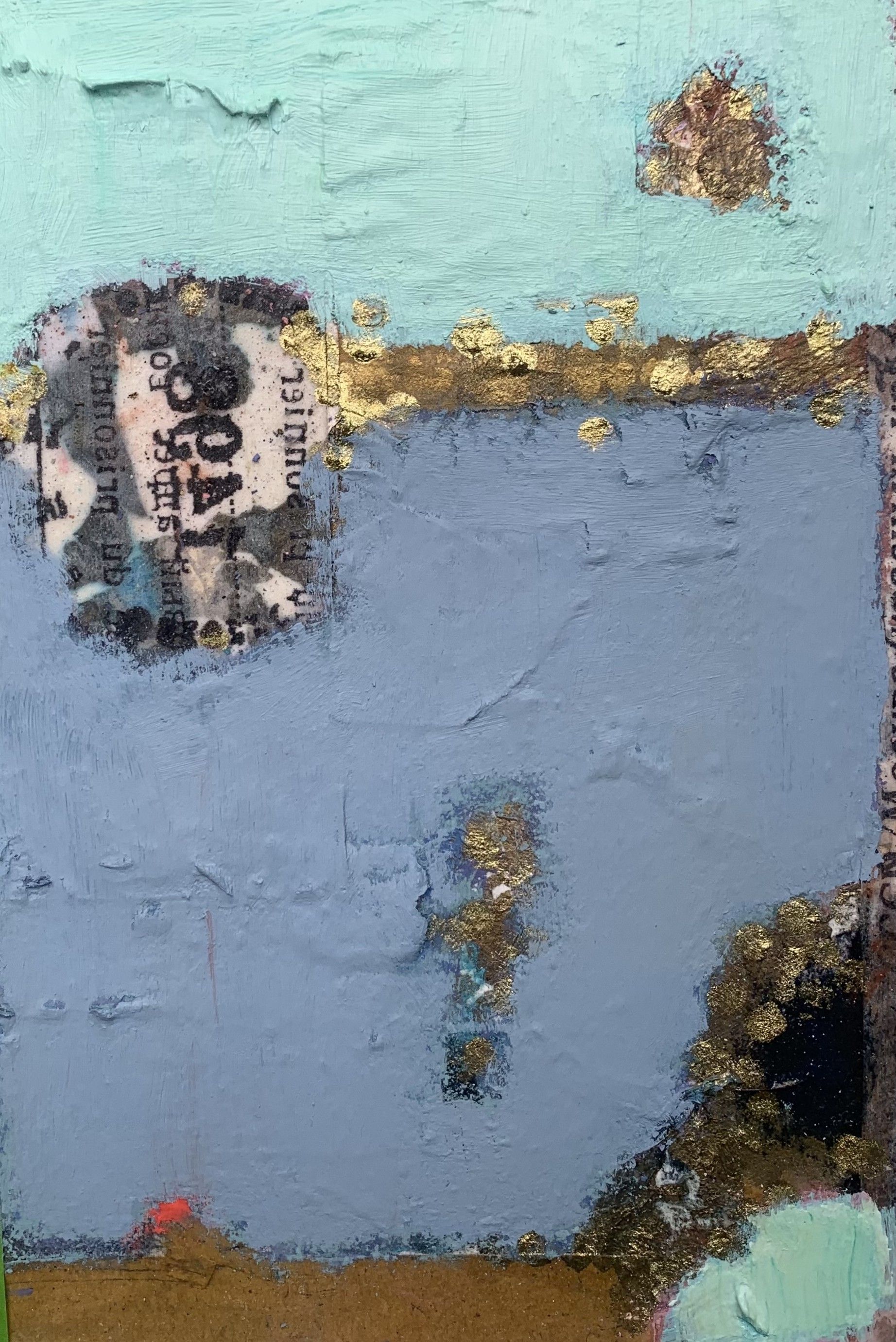 Weathered blue and aqua wall with peeling paint, a circular sticker, and rust stains