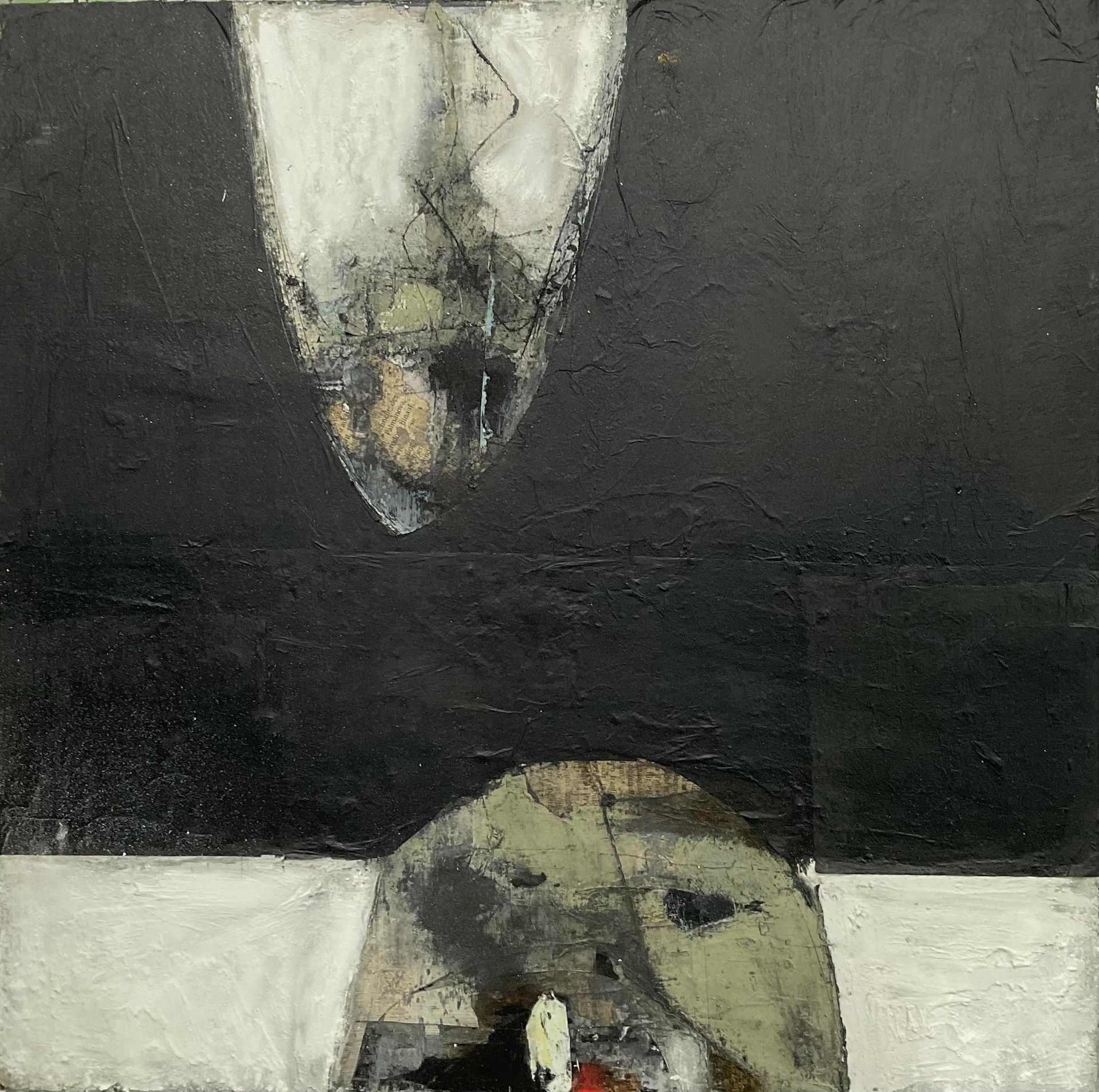 A black and white painting of a man 's face