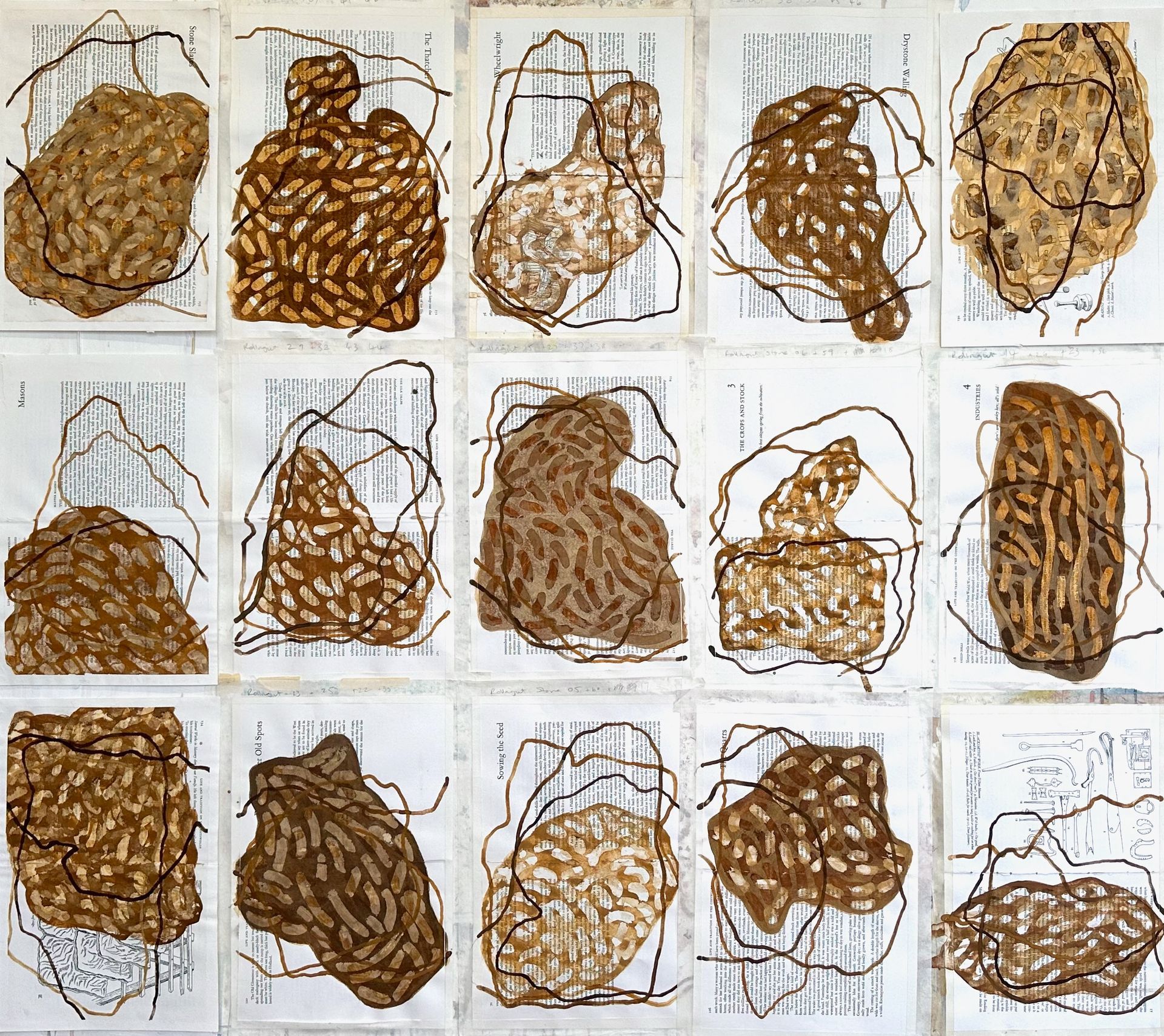 Grid of tan and brown abstract woven forms on white paper, arranged in rows and columns.
