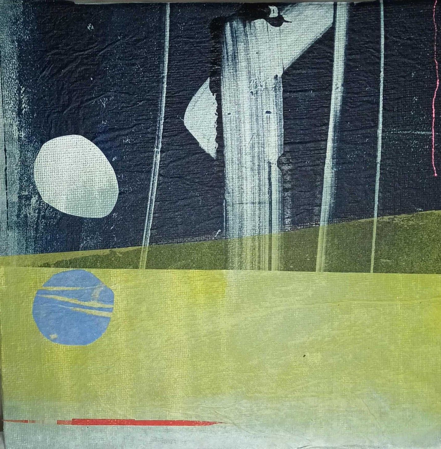 Abstract art: blue and white shapes on a dark background over yellow, with thin lines.