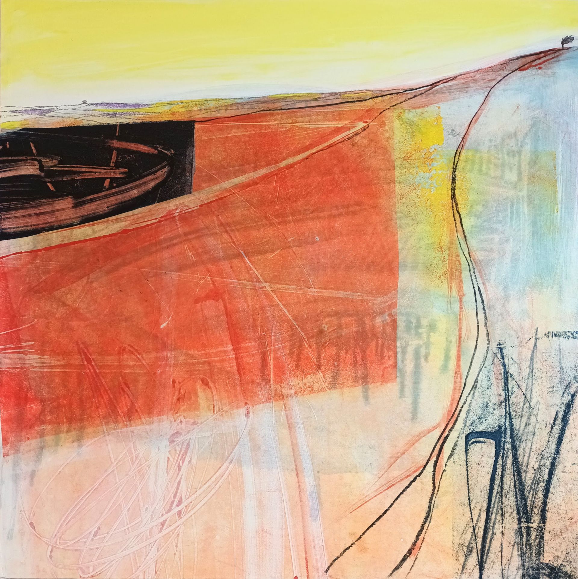 A colorful painting of a boat in the water