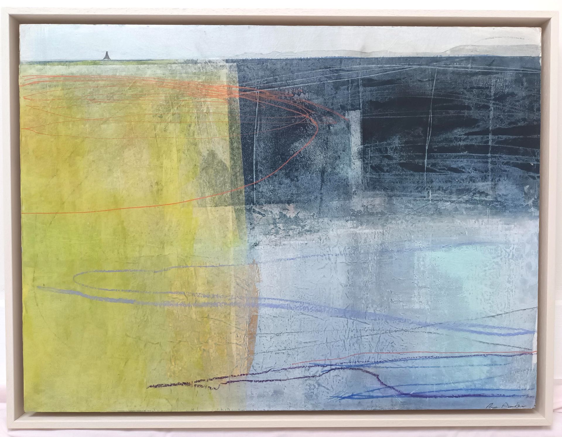 a framed painting of a yellow and blue landscape