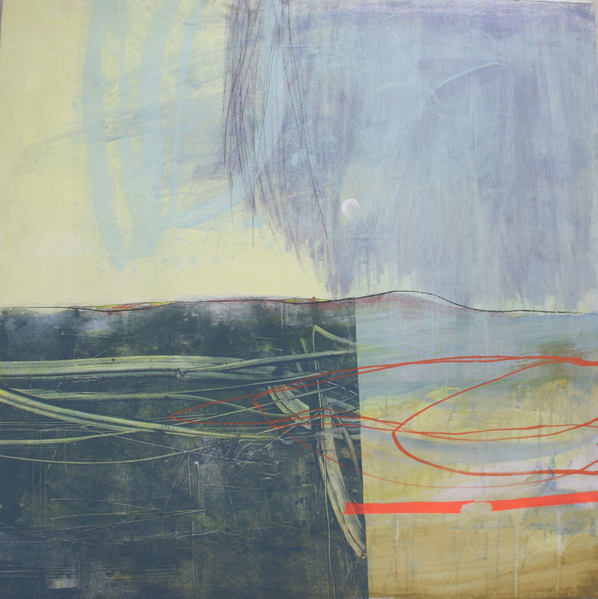 A painting of a landscape with a red circle in the middle.