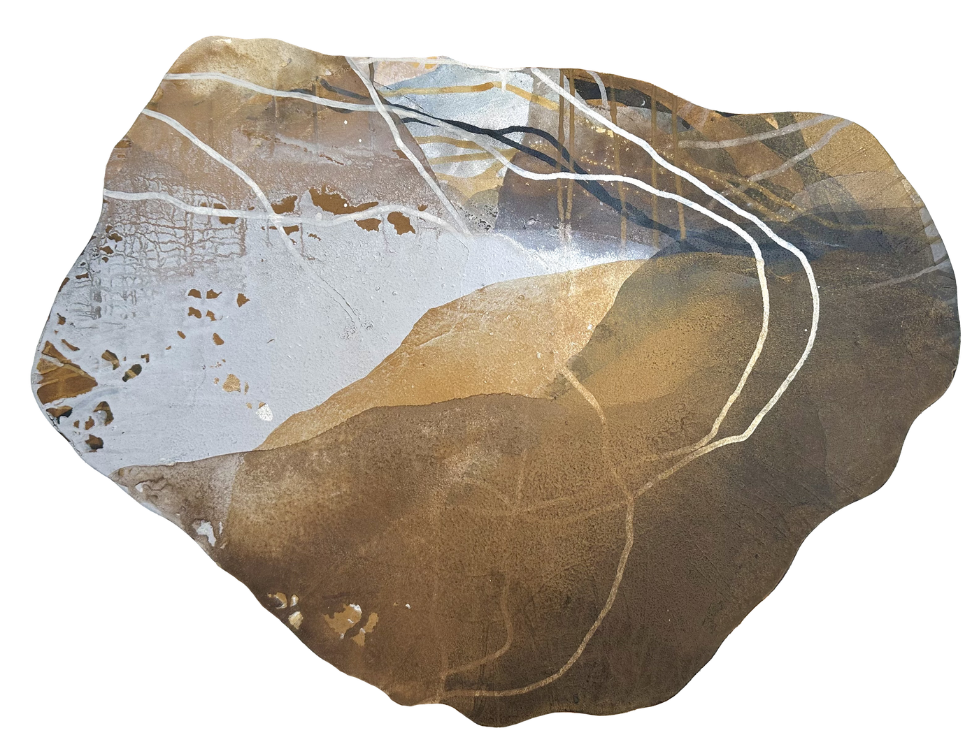 Brown rock with white mineral veins and a pale gray patch across the top.