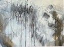 Abstract gray and white painting with dark drips and blurred, sketchy forms