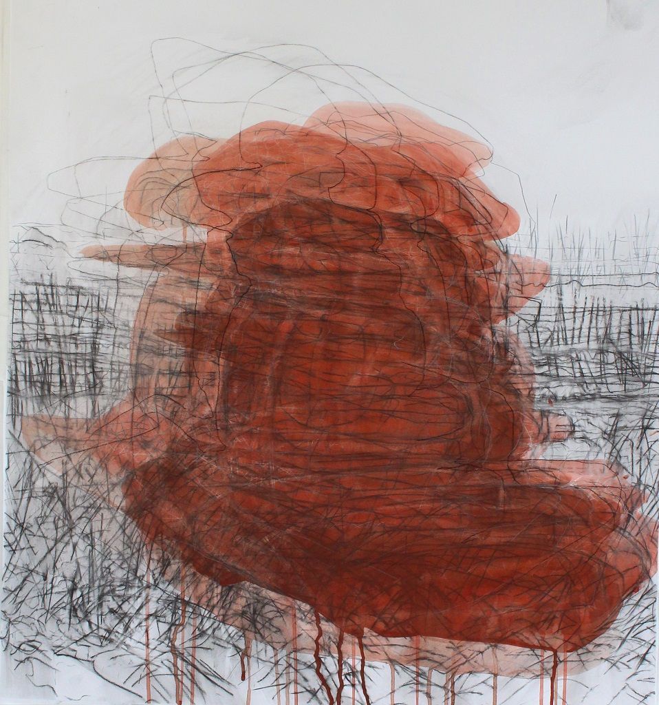 Abstract red-brown shape over a gray, sketchy background with loose black lines