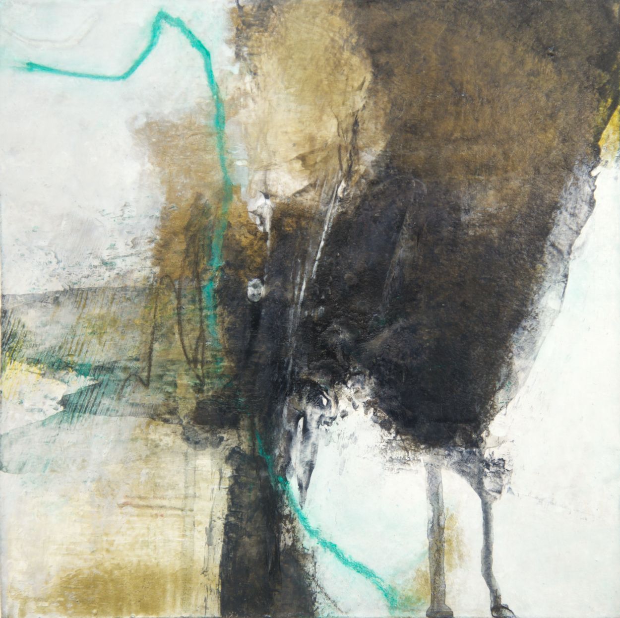Abstract painting with a dark brown central mass, teal line, and white/tan background.