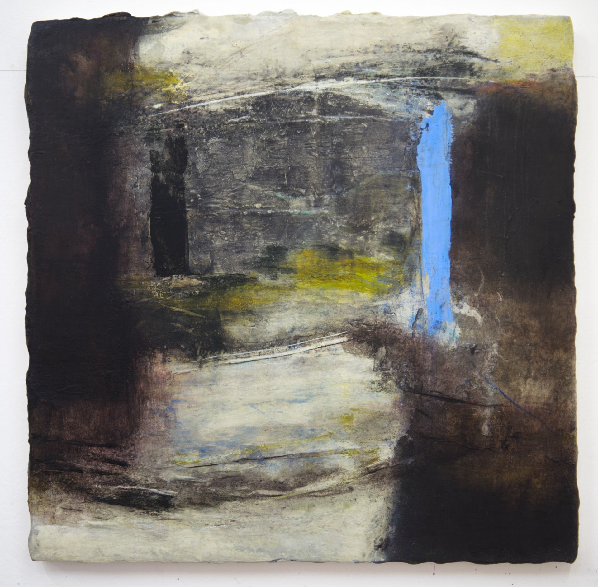A black and white painting with a blue stripe in the middle