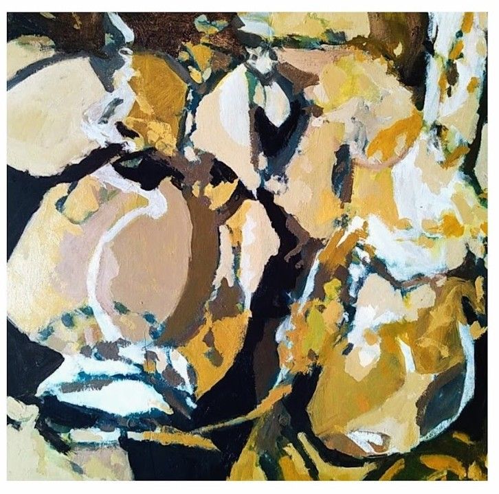 Abstract painting with earthy tan, black, white, and yellow brushstrokes